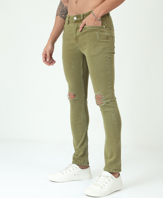 Distressed Olive Slim-fit Jeans