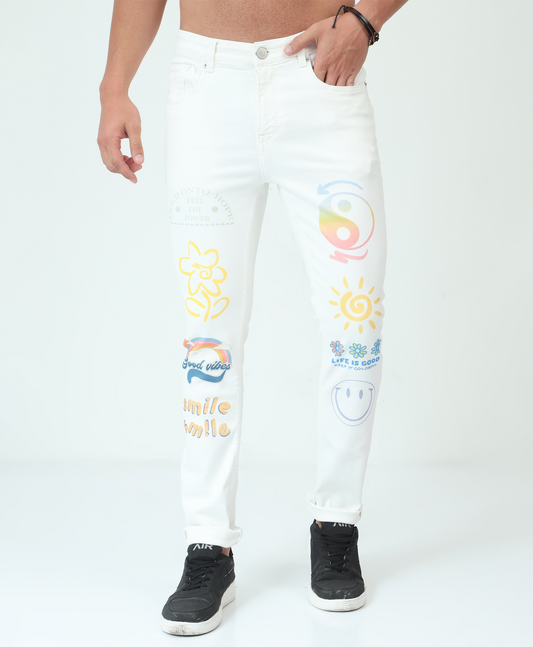 Printed White Slim-fit Jeans