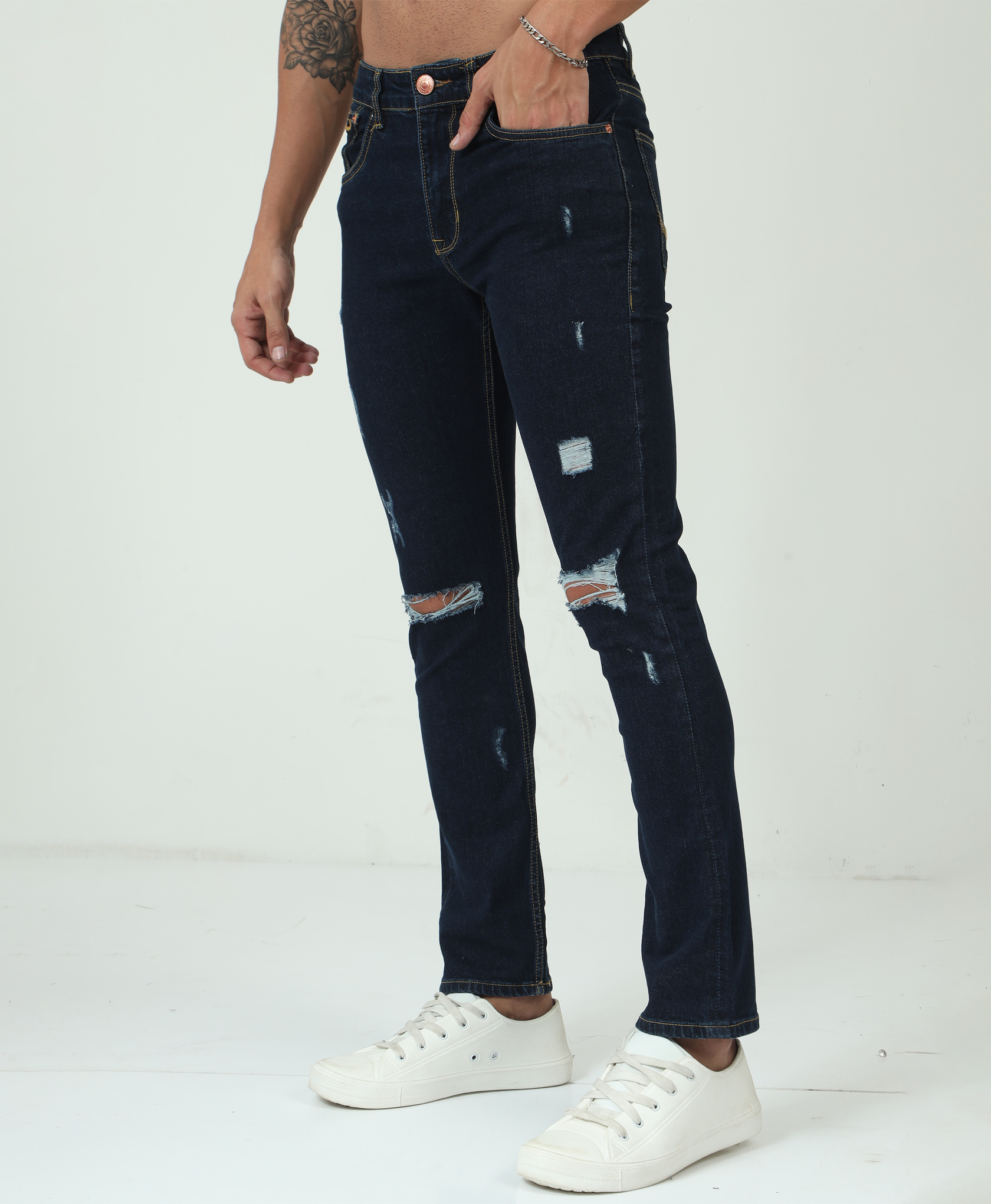 Distressed Medium Blue Slim-fit Jeans