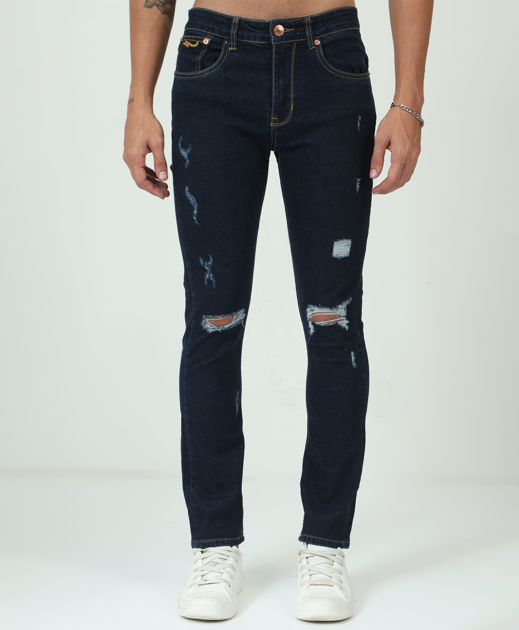 Distressed Medium Blue Slim-fit Jeans